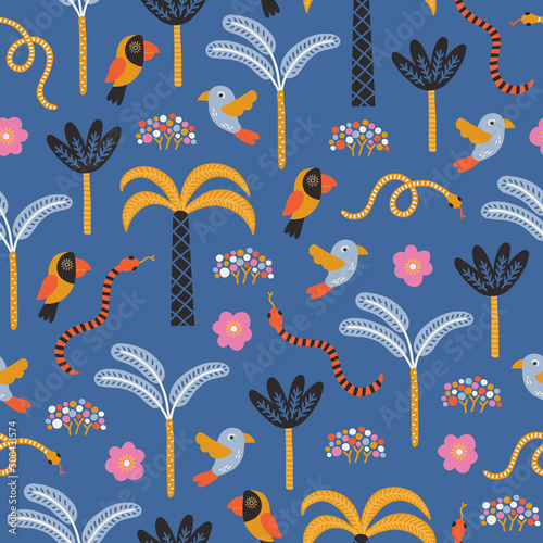Summer seamless pattern with parrot, palm tree, toucan, snake, flowers