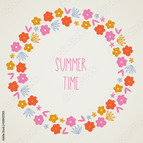 Summer greeting card with colorful flowers and leaves. Scandinavian style