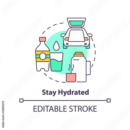 Stay hydrated concept icon. Drinking plenty of water. Road trip tip abstract idea thin line illustration. Isolated outline drawing. Editable stroke. Arial, Myriad Pro-Bold fonts used