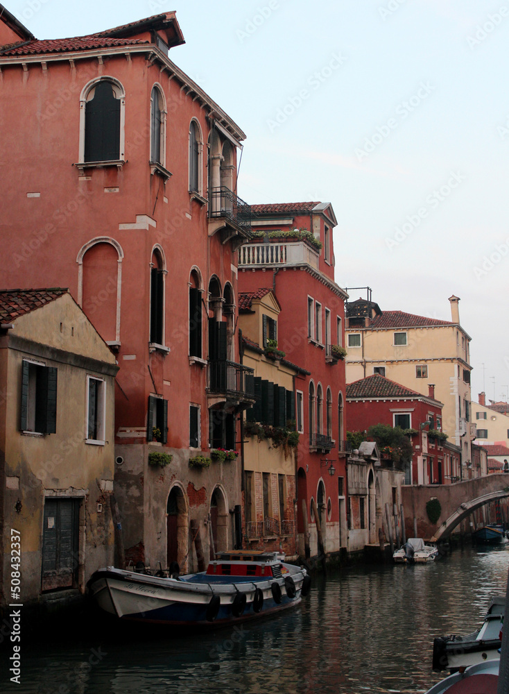 Venice street view. Colorful buildings facades close up. Architecture of Italy. Travel destination concept. 