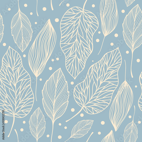 Winter linear botanical pattern. Christmas outline illustration with different leaves on blue background