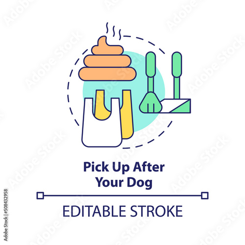 Pick up after your dog concept icon. Pup excrements. Road trip with pets advice abstract idea thin line illustration. Isolated outline drawing. Editable stroke. Arial, Myriad Pro-Bold fonts used