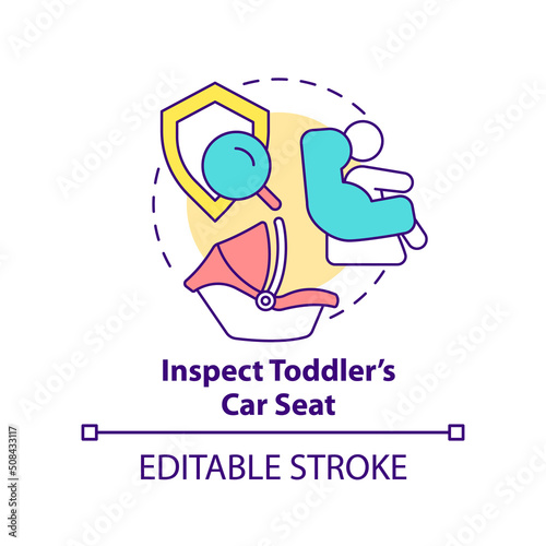 Inspect toddler car seat concept icon. Trip with toddlers recommendation abstract idea thin line illustration. Isolated outline drawing. Editable stroke. Arial, Myriad Pro-Bold fonts used