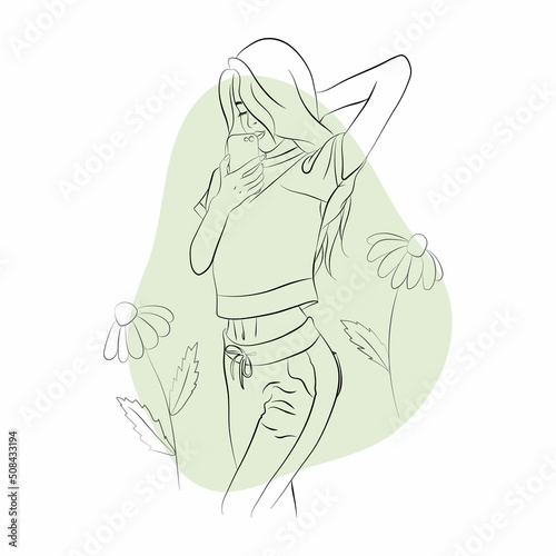 Vector illustration of a young woman taking a selfie with floral ornament and abstracts