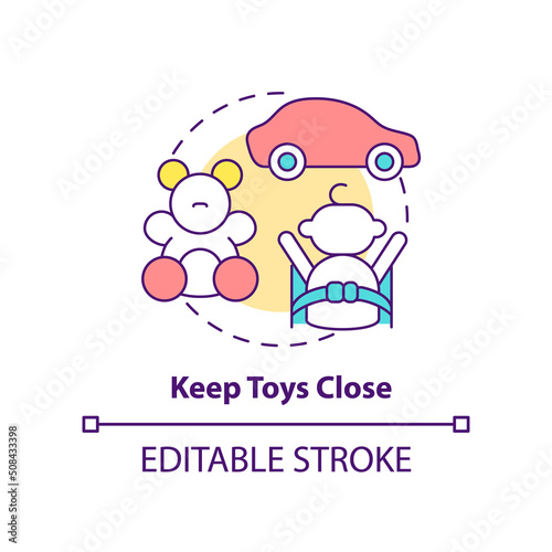 Keep toys close concept icon. Happy child. Trip with toddlers recommendation abstract idea thin line illustration. Isolated outline drawing. Editable stroke. Arial, Myriad Pro-Bold fonts used