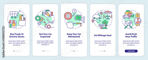 Road trip tips onboarding mobile app screen. Preparing for car travel walkthrough 5 steps editable graphic instructions with linear concepts. UI, UX, GUI template. Myriad Pro-Bold, Regular fonts used