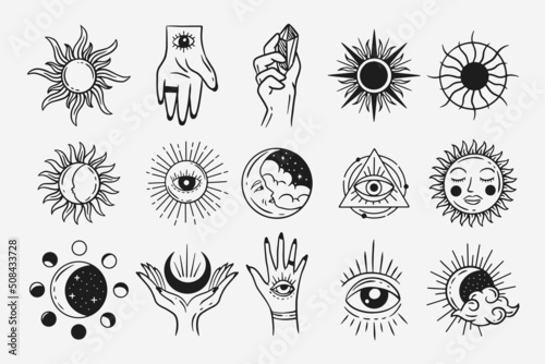 Set Collection Mystical Celestial Dark Holy Simple Minimalism Tattoo Clipart Symbol space doodle Esoteric elements vintage illustration