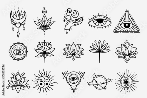Set Collection Mystical Celestial Dark Holy Simple Minimalism Tattoo Clipart Symbol space doodle Esoteric elements vintage illustration