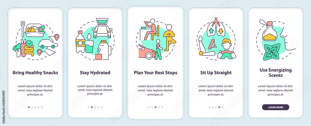 Road trip healthy habits onboarding mobile app screen. Car tourism walkthrough 5 steps editable graphic instructions with linear concepts. UI, UX, GUI template. Myriad Pro-Bold, Regular fonts used
