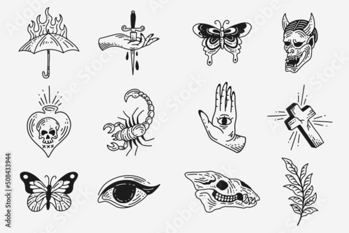 Set Collection Mystical Celestial Dark Holy Simple Minimalism Tattoo Clipart Symbol space doodle Esoteric elements vintage illustration