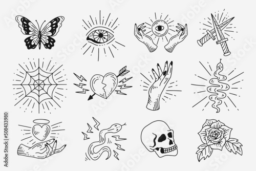 Set Collection Mystical Celestial Dark Holy Simple Minimalism Tattoo Clipart Symbol space doodle Esoteric elements vintage illustration