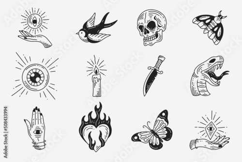 Set Collection Mystical Celestial Dark Holy Simple Minimalism Tattoo Clipart Symbol space doodle Esoteric elements vintage illustration