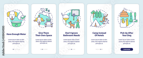 Road trip with pets advice onboarding mobile app screen. Car tourism walkthrough 5 steps editable graphic instructions with linear concepts. UI, UX, GUI template. Myriad Pro-Bold, Regular fonts used