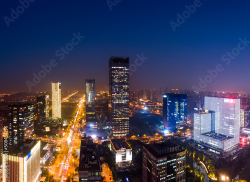 Aerial photography night view of modern buildings in Suzhou city  China