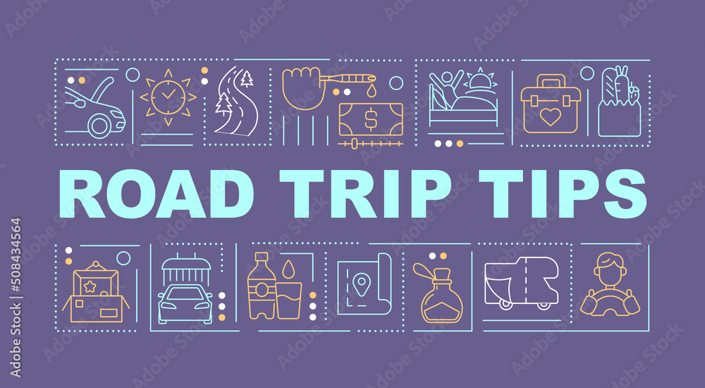 Road trip tips word concepts purple banner. Car travel. Infographics with editable icons on color background. Isolated typography. Vector illustration with text. Arial-Black font used