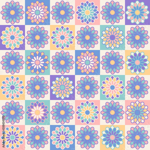 Handicraft crochet illustration. Vintage vector seamless surface pattern design. Patchwork craft modern textile print in retro style. Cottagecore aesthetic