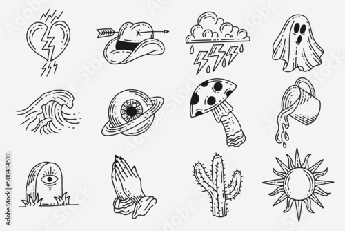 Set Collection Mystical Celestial Clipart Symbol space doodle Esoteric elements vintage illustration