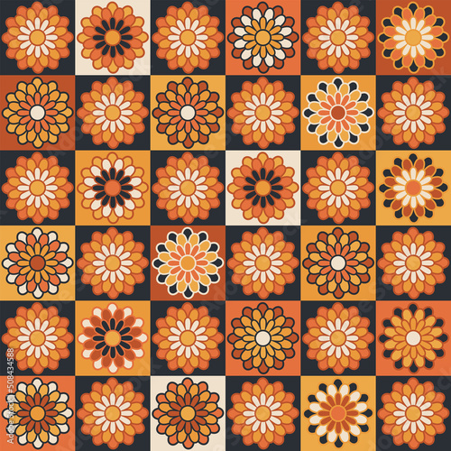 Handicraft crochet illustration. Vintage vector seamless surface pattern design. Patchwork craft modern textile print in retro style. Cottagecore aesthetic