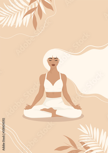 Girl in lotus pose with white hair in pastel colours. Vector illustration of a poster for International Yoga Day celebrations. © MIMOSA
