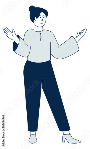 Woman shrugging shoulders. Not knowing hand gesture