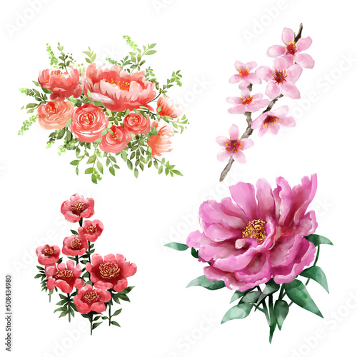 Set of wild flower watercolor style on white background.