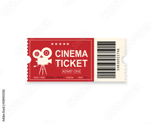 Vector red cinema ticket isolated on white background.