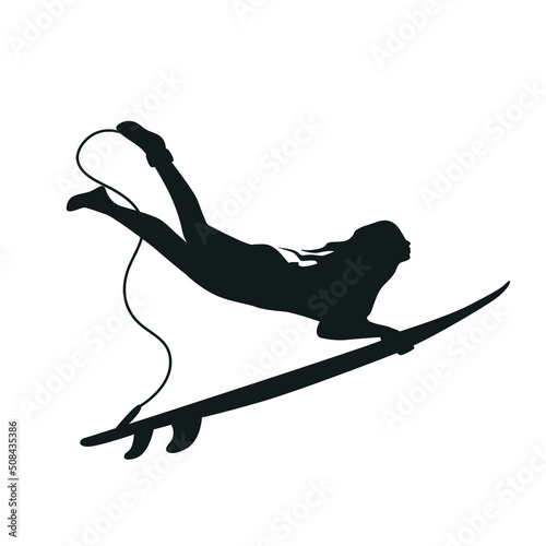 Surf girl minimalistic vector illustration. Flat style digital art. Young woman with surfboard silhouette under water making duck dive