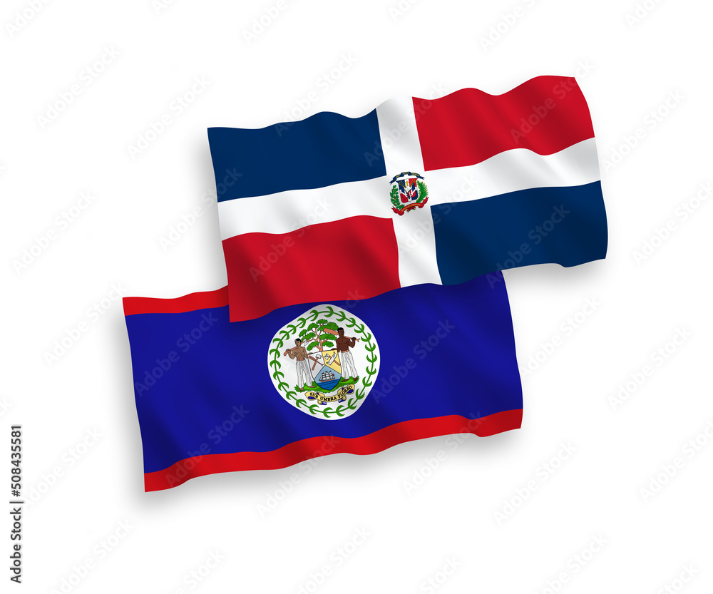 Fototapeta premium National vector fabric wave flags of Dominican Republic and Belize isolated on white background. 1 to 2 proportion.