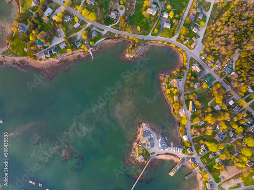 Fototapeta Naklejka Na Ścianę i Meble -  Bass Harbor and village top view in town of Tremont on Mt Desert Island, Maine ME, USA. 