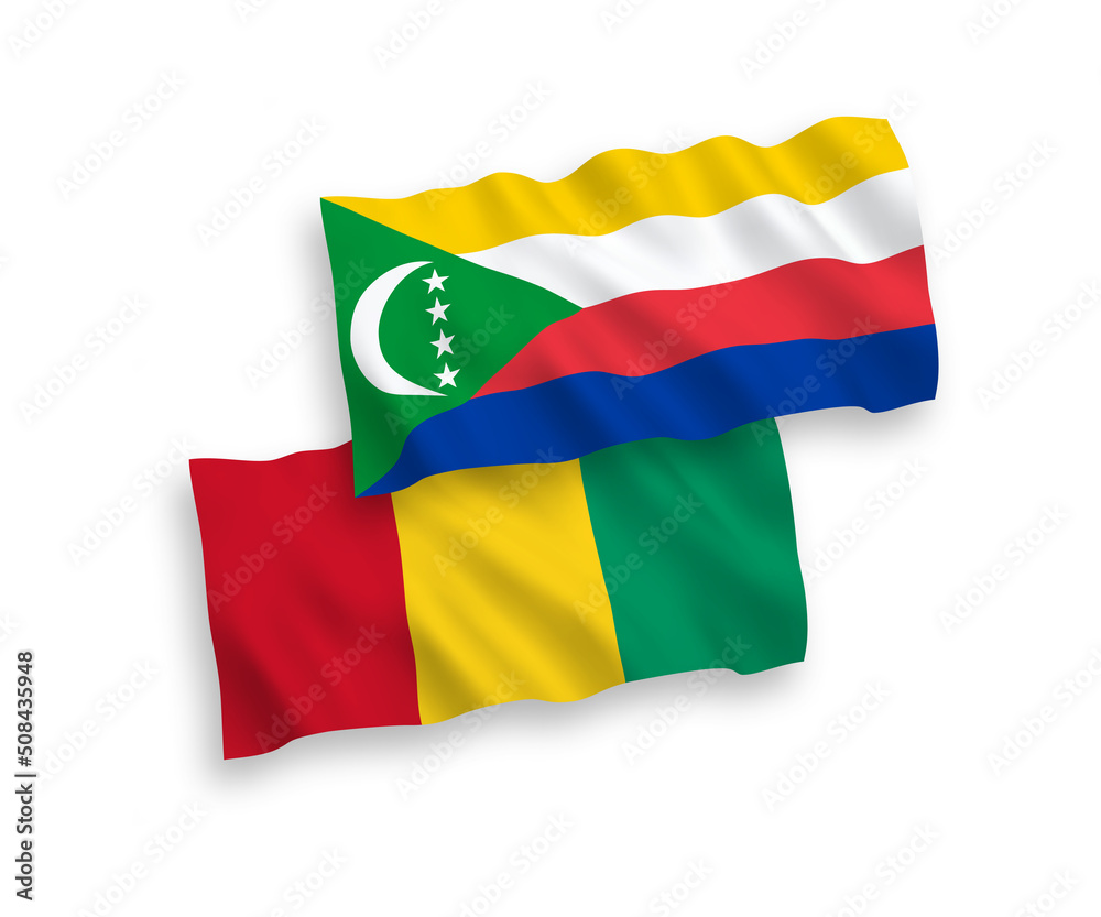 National vector fabric wave flags of Union of the Comoros and Guinea isolated on white background. 1 to 2 proportion.