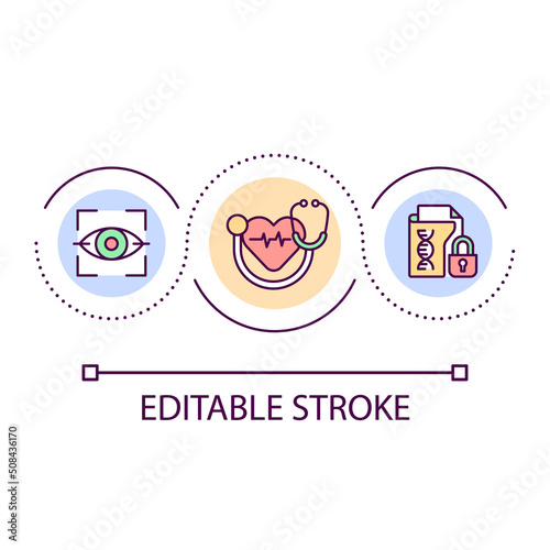 Biometrics data in healthcare loop concept icon. Patient registration in digital format abstract idea thin line illustration. Retinal scans. Isolated outline drawing. Editable stroke. Arial font used