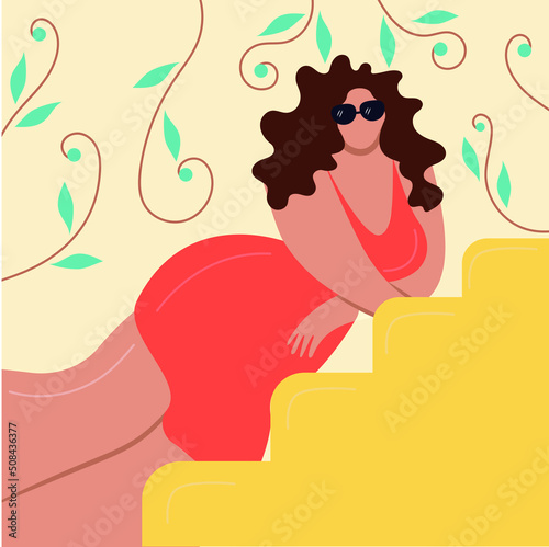 Beautiful lazy woman illustration  with long hair  body curves laying on the staircase  wearing sunglasses
