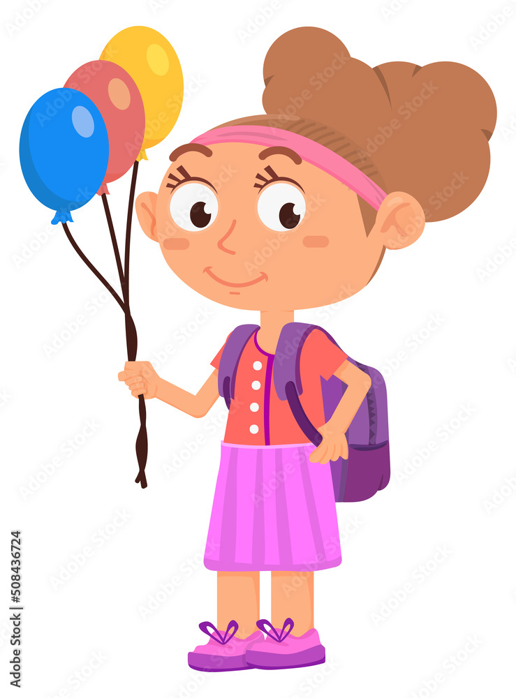 Cute girl with balloons. Happy school kid character Cute girl with balloons. Happy school kid character