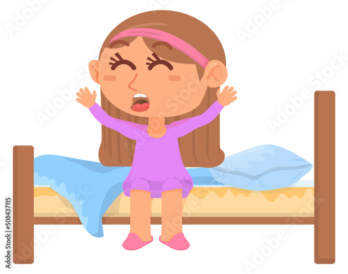 Girl waking up. Cartoon kid in bed on morning