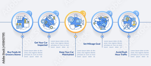 Road trip tips circle infographic template. Preparing for car travel. Data visualization with 5 steps. Editable timeline info chart. Workflow layout with line icons. Lato-Bold, Regular fonts used