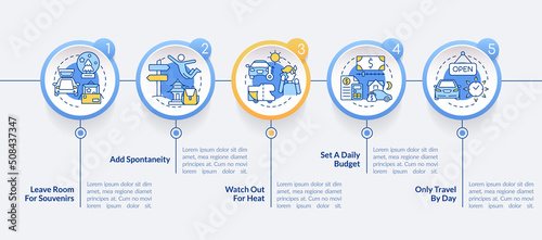 Road trip advices round infographic template. Car travel. Data visualization with 5 steps. Editable timeline info chart. Workflow layout with line icons. Lato-Bold, Regular fonts used