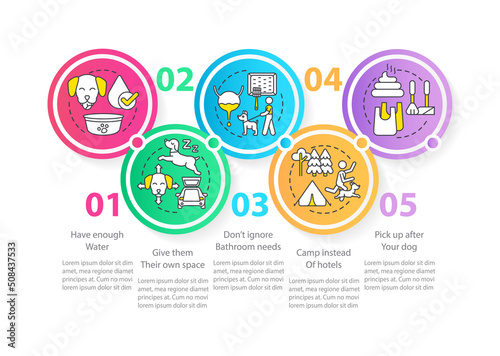 Road trip with pets advice circle infographic template. Car tourism. Data visualization with 5 steps. Editable timeline info chart. Workflow layout with line icons. Myriad Pro-Regular font used