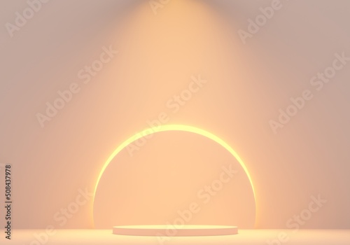 Architectural trend composition. Cylindrical geometric pedestal, podium. Soft beige, peach pastel colors. Stylish 3d advertisement illustration. Exhibition podium in promotion brand store 