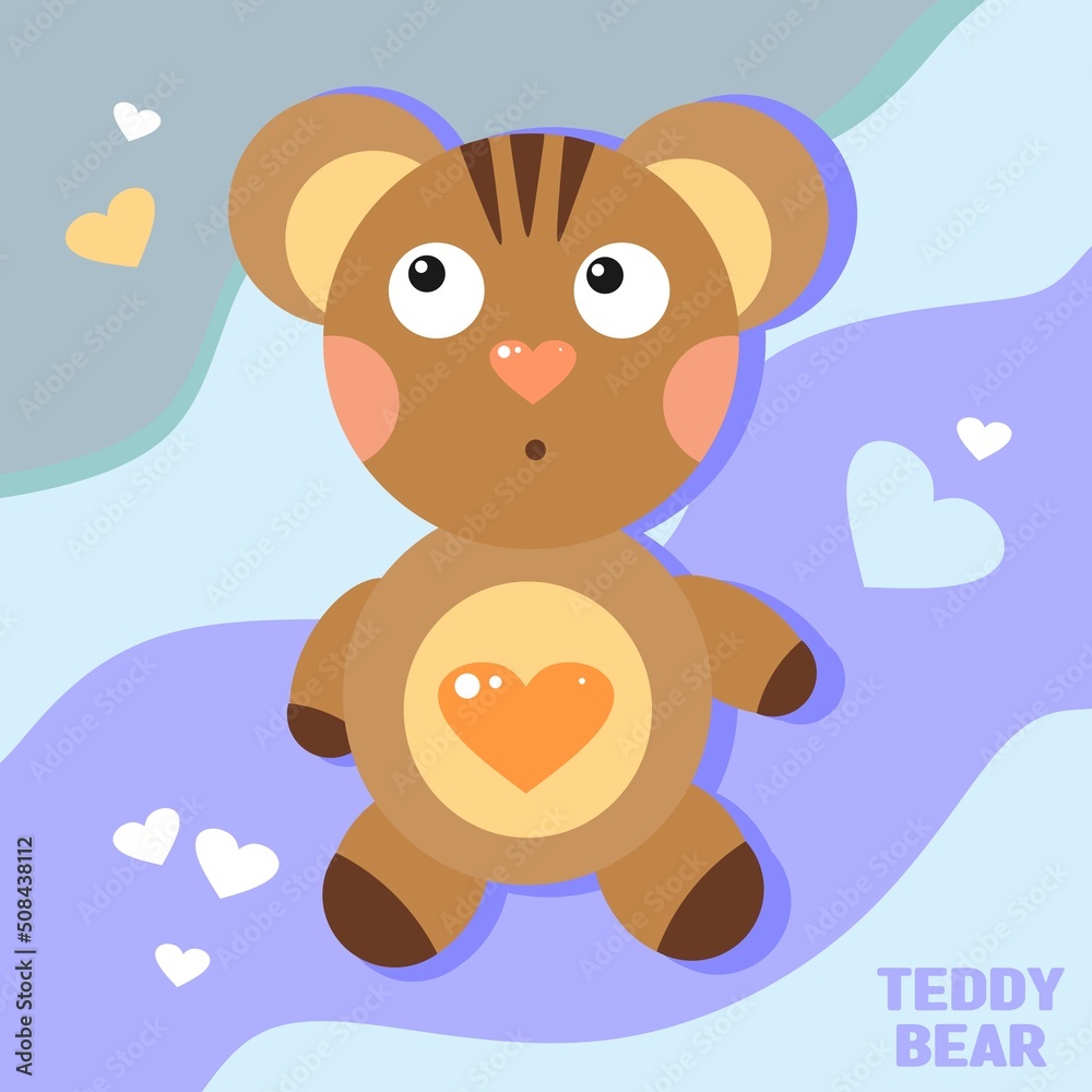 Obraz premium Children's illustration of a teddy bear toy. Brown cute bear. A heart on the belly and a blush on the cheeks. Purple background waves. Vector