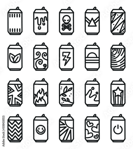 Set of outline icon soda cans with cartoon style.