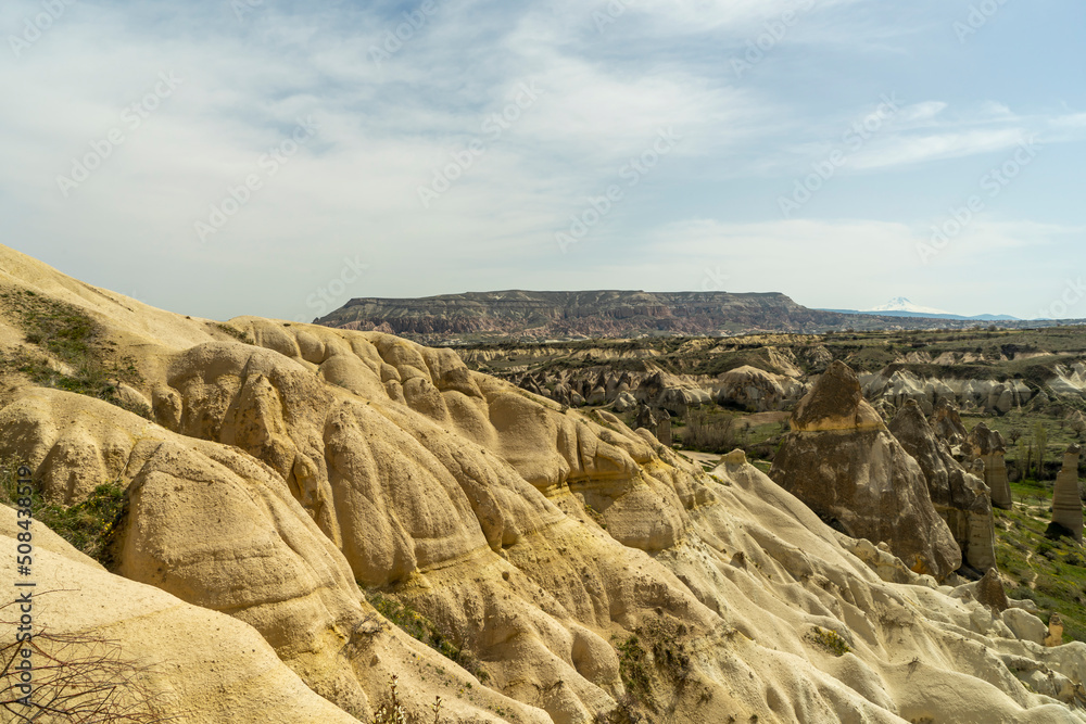 The typical rock formations of Cappadocia with fairy chimneys and Erciyes mountain on the background  in Love Valley , Goreme, Nevsehir, Kapadokya.