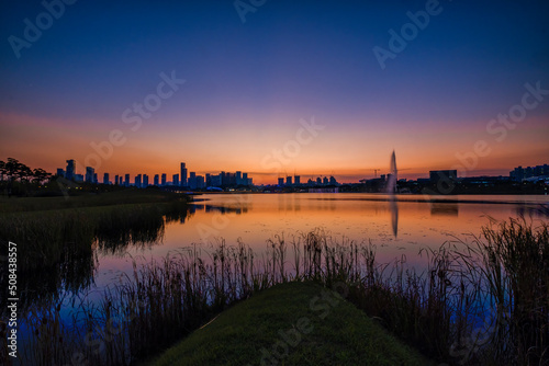 Scenic view of Sejong Lake Park during sunset