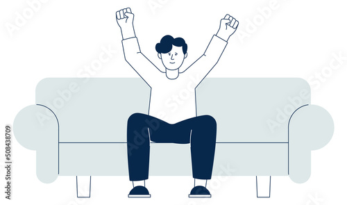 Excited man sitting on couch. Person raising hands in joy