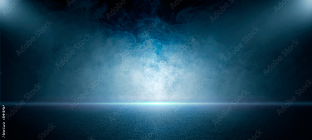The dark stage shows, empty dark blue scene background, neon light, and spotlights The asphalt floor and studio room with smoke float up the interior texture for display products. - obrazy, fototapety, plakaty 
