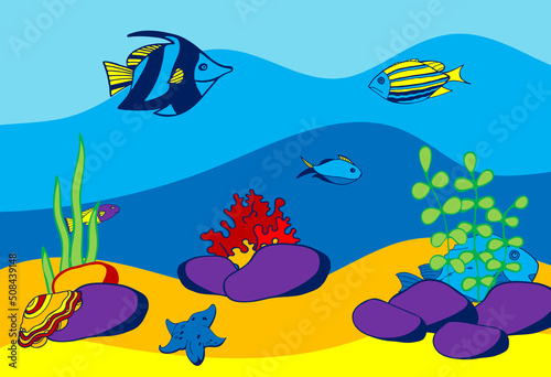 Hand Drawn Fish Illustration. Underwater World Panorama.