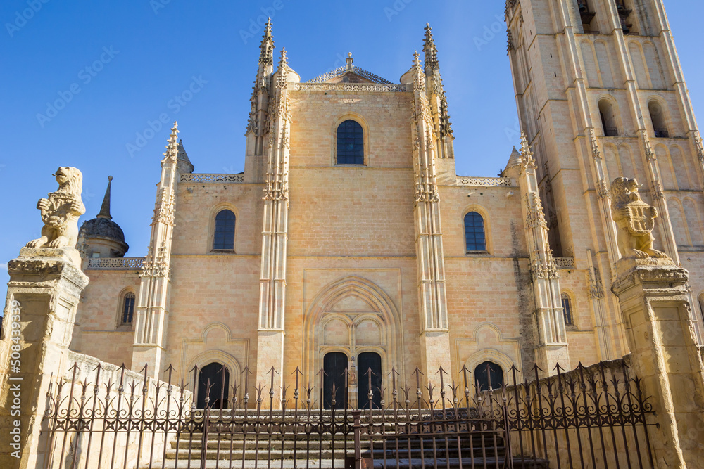 Front facade of the historic cathedral in Segovia, Spain