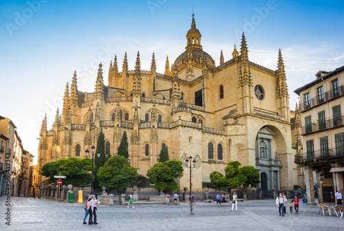Evening light over the historic cathedral on the main square Segovia, Spain