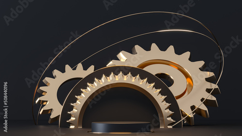 Steampunk mechanism. 3d render illustration. Gears, flying metal spheres and gold rings. Engine Mechanical Parts. Podium, pedestal on dark background. Steam punk cogwheels components of clockwork