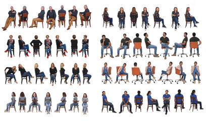 large group of people sitting on white backgroun