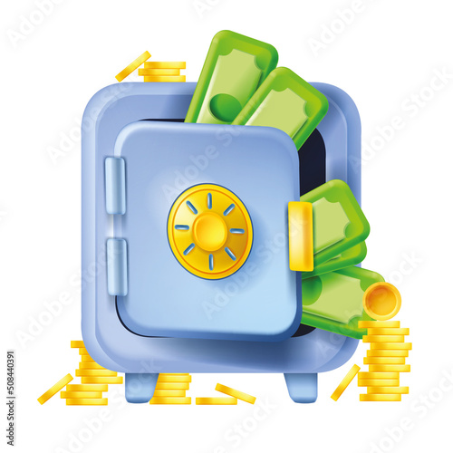 3D open safe, vector bank money iron box icon, isolated vault, golden coin stack, green dollar bill, lock. Safe deposit concept, financial security business cartoon illustration. Full 3D safe storage